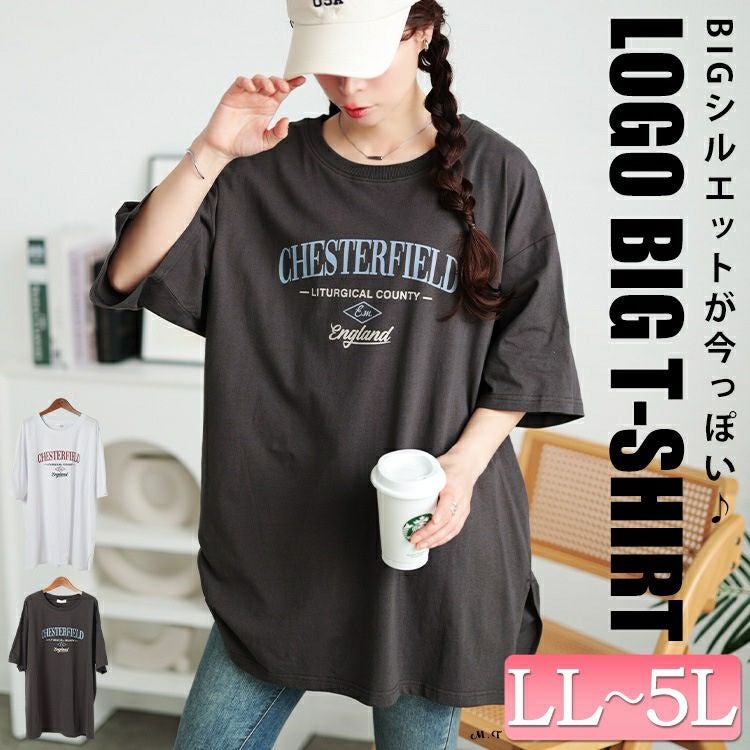 大きいサイズ レディース サイドスリットロゴコットンビッグTシャツ