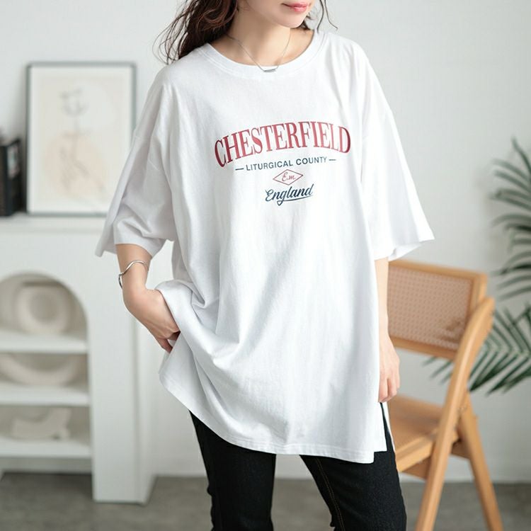 大きいサイズ レディース サイドスリットロゴコットンビッグTシャツ　map-42【メール便可】