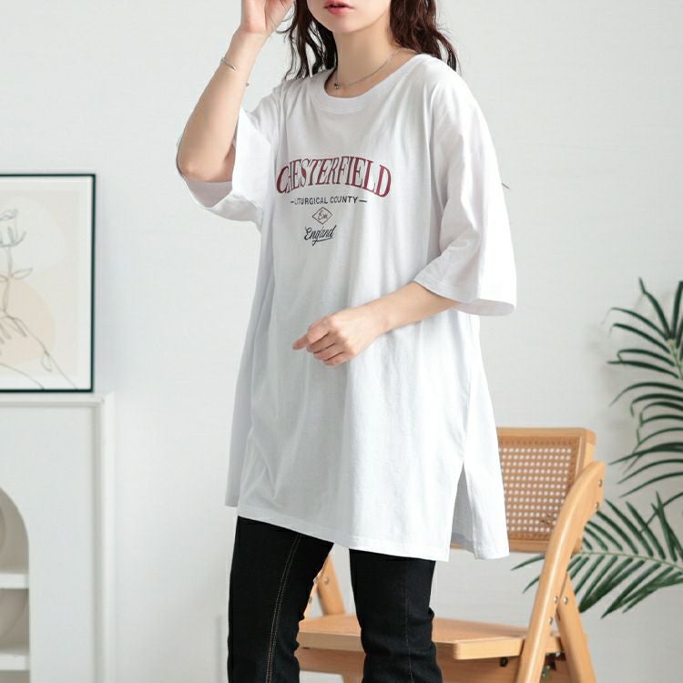 大きいサイズ レディース サイドスリットロゴコットンビッグTシャツ　map-42【メール便可】