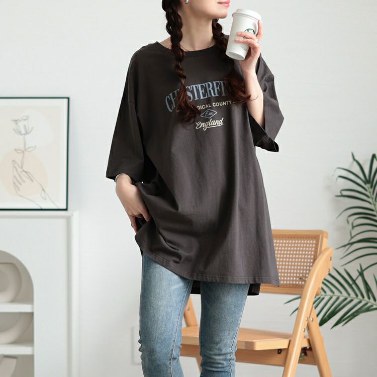 大きいサイズ レディース サイドスリットロゴコットンビッグTシャツ　map-42【メール便可】