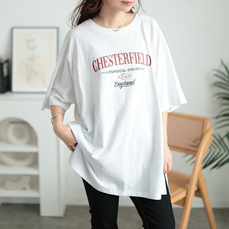 大きいサイズ レディース サイドスリットロゴコットンビッグTシャツ