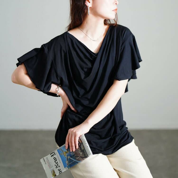 大きいサイズ レディース 接触冷感バタフライスリーブカットソー　sw-0725【メール便可】 ブラック