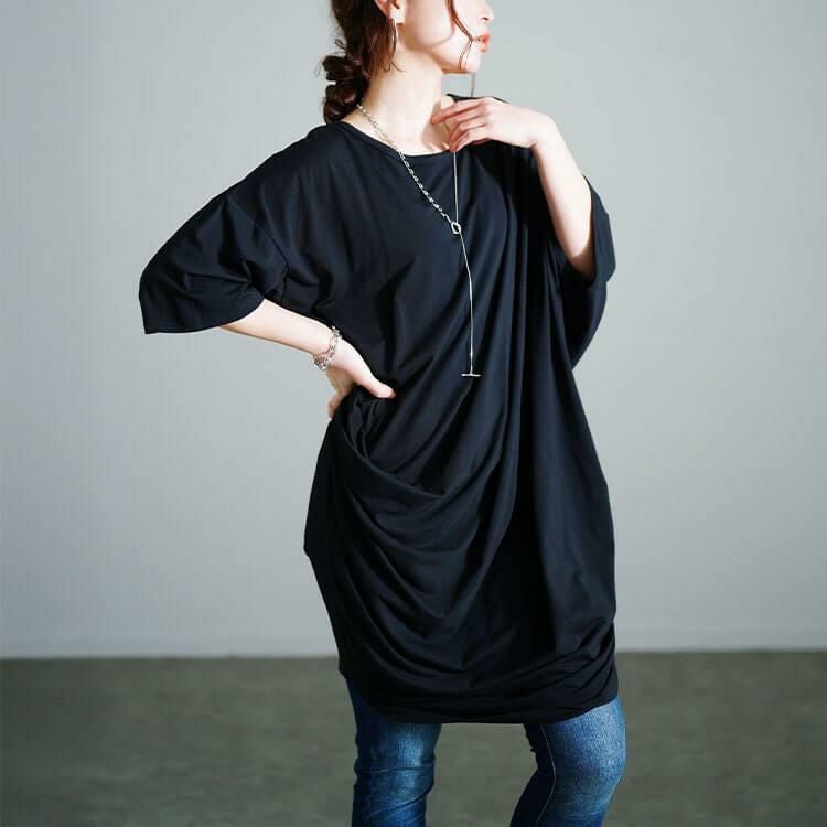 大きいサイズ レディース 接触冷感アシンメトリー変形チュニック　sw-0724【メール便可】 ブラック