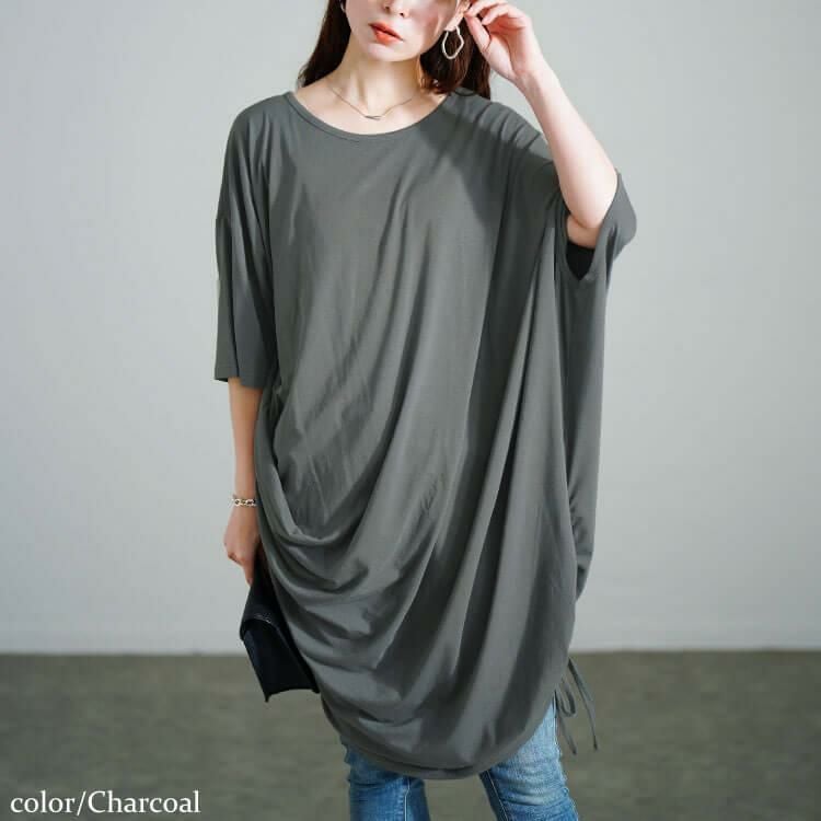 大きいサイズ レディース 接触冷感アシンメトリー変形チュニック　sw-0724【メール便可】 チャコール