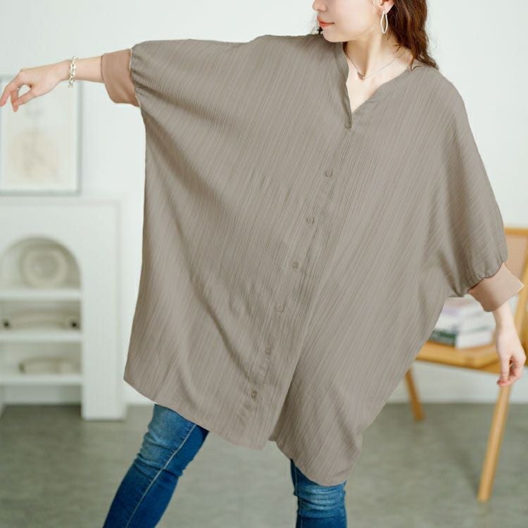 大きいサイズ レディース キーネックドルマンビックシャツ　fem-567【メール便可】