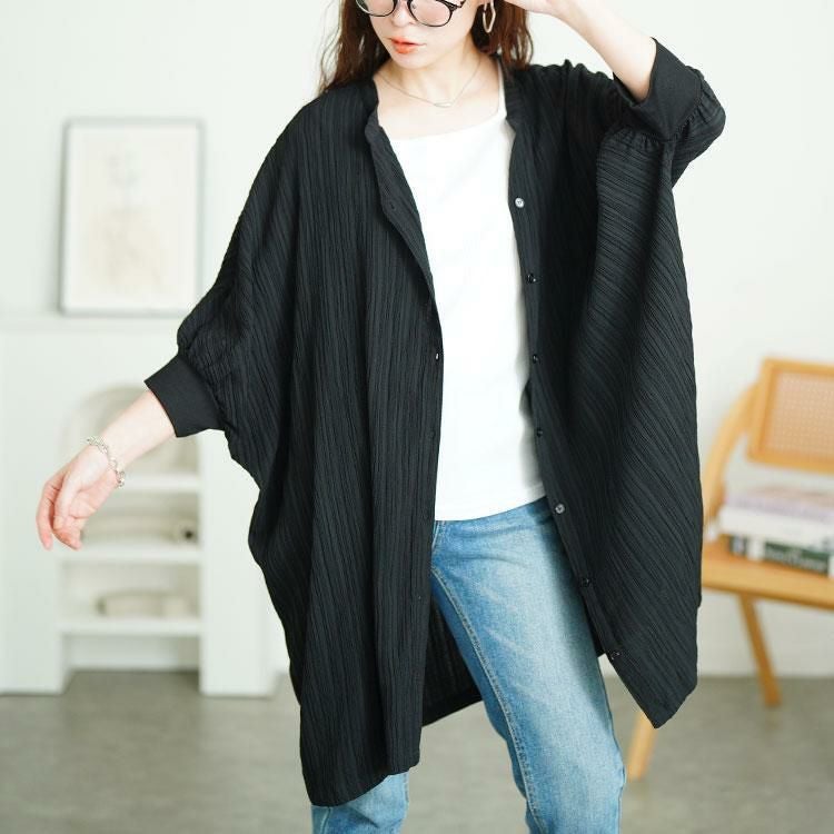 大きいサイズ レディース キーネックドルマンビックシャツ　fem-567【メール便可】 ブラック