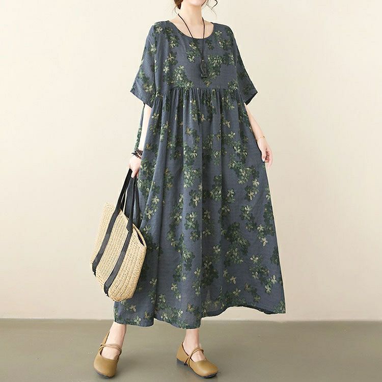 大きいサイズ レディース 花柄ギャザーフレアワンピース　goldy-1683【メール便可】