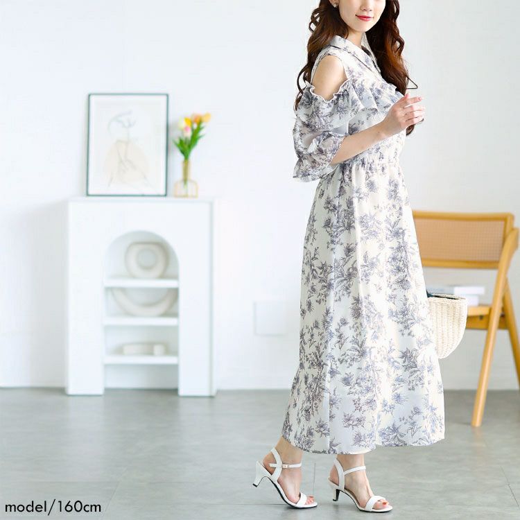 大きいサイズ レディース 花柄フリルオープンショルダーワンピース　tani-15595ll【メール便可】