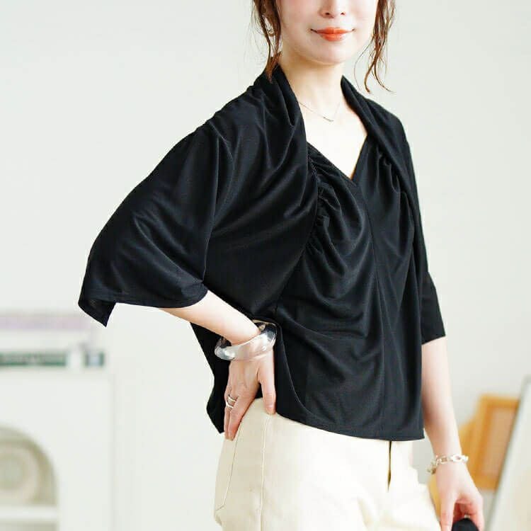 大きいサイズ レディース ストレッチカーデフェイクギャザートップス　u2-0108【メール便可】