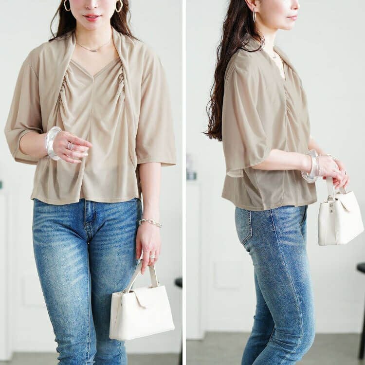 大きいサイズ レディース ストレッチカーデフェイクギャザートップス　u2-0108【メール便可】