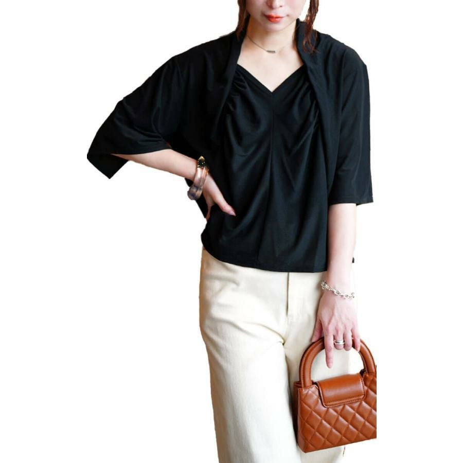 大きいサイズ レディース ストレッチカーデフェイクギャザートップス　u2-0108【メール便可】 ブラック