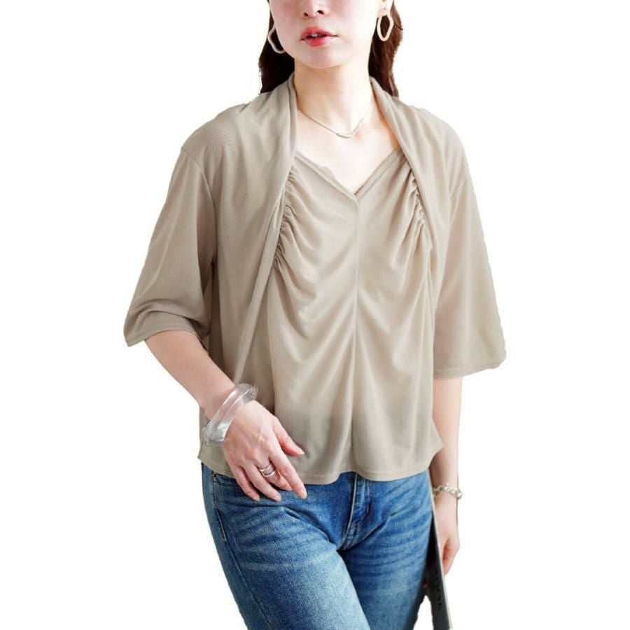 大きいサイズ レディース ストレッチカーデフェイクギャザートップス　u2-0108【メール便可】 グレージュ