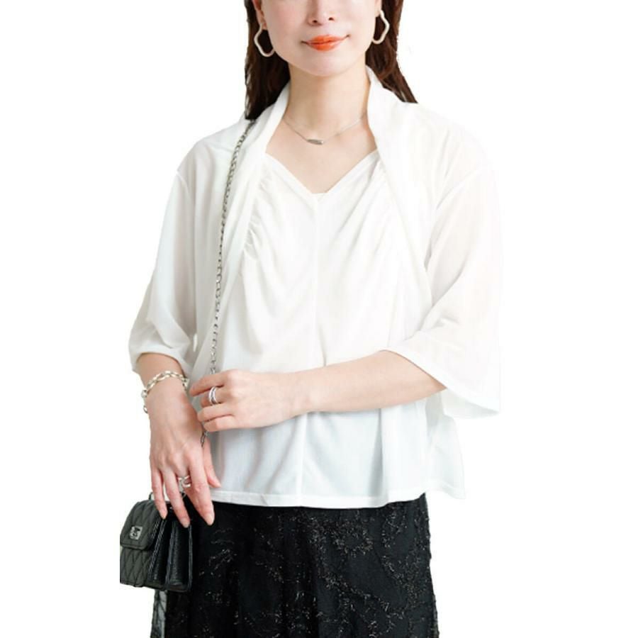 大きいサイズ レディース ストレッチカーデフェイクギャザートップス　u2-0108【メール便可】 オフホワイト