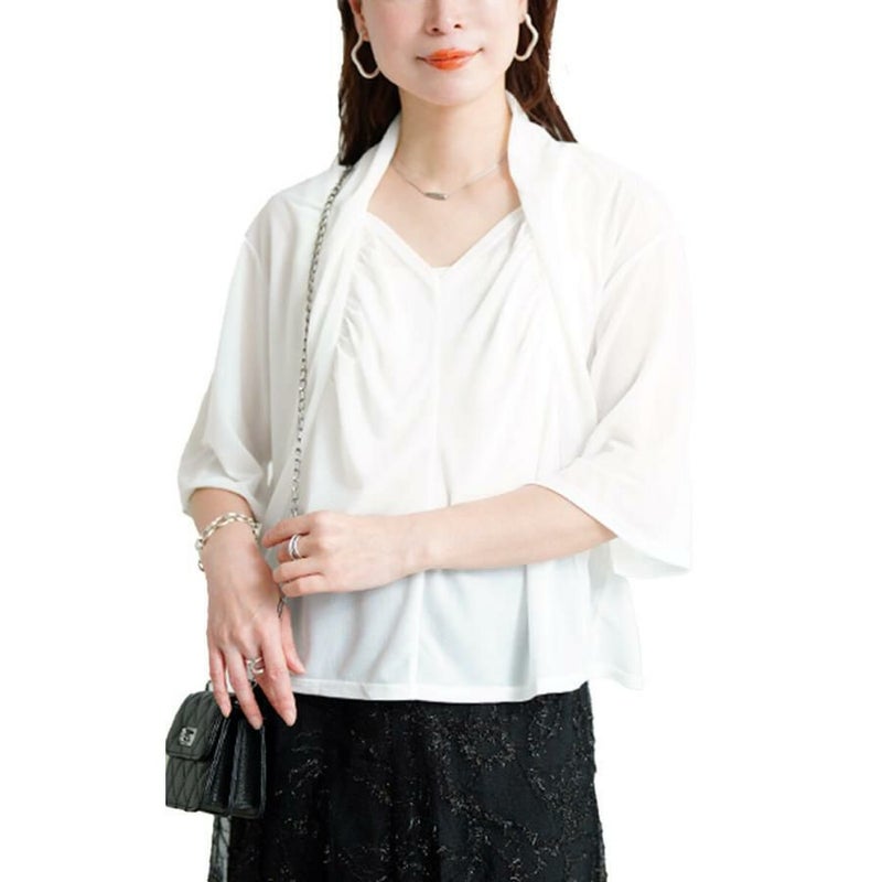 大きいサイズ レディース ストレッチカーデフェイクギャザートップス　u2-0108【メール便可】 オフホワイト