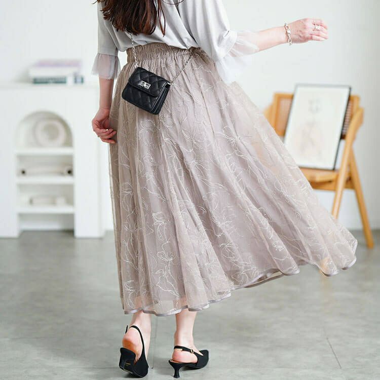 大きいサイズ レディース 花柄ラメ刺繍チュールレイヤードスカート　jp536【メール便可】