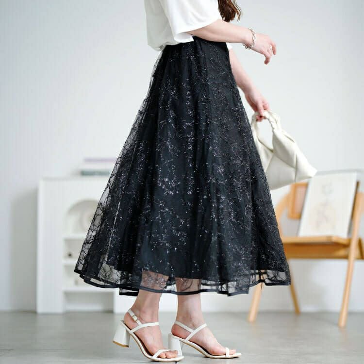 大きいサイズ レディース 花柄ラメ刺繍チュールレイヤードスカート　jp536【メール便可】