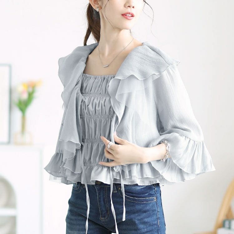 大きいサイズ レディース シャーリングキャミ＆リボンフリルカーディガン2点セット　tana-351041