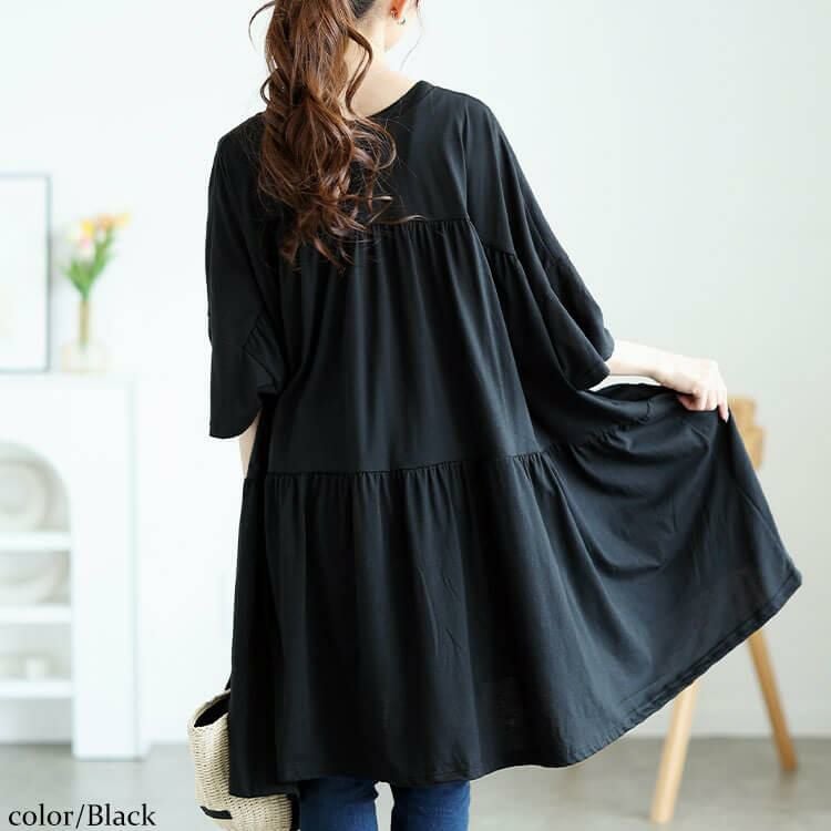 大きいサイズ レディース ビックティアードチュニックTシャツ　maruka-7158【メール便可】 ブラック