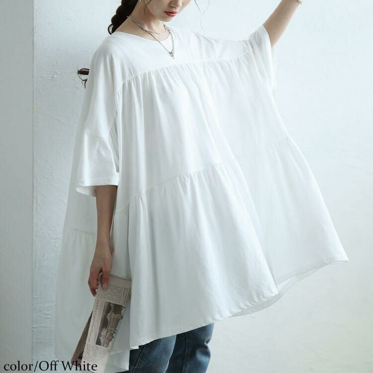 大きいサイズ レディース ビックティアードチュニックTシャツ　maruka-7158【メール便可】 オフホワイト