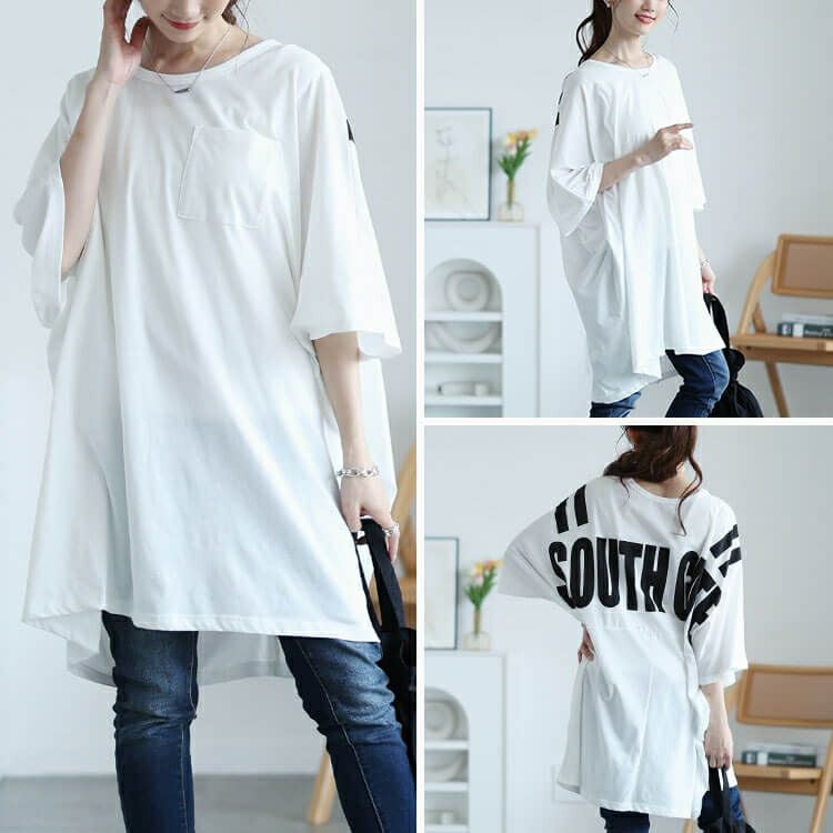 大きいサイズ レディース バックプリントドルマンチュニックTシャツ