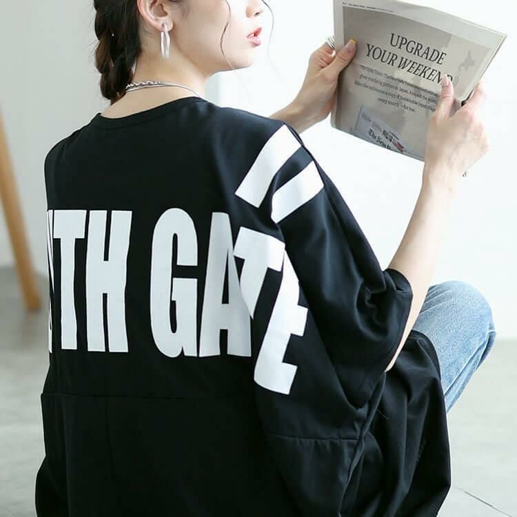 大きいサイズ レディース バックプリントドルマンチュニックTシャツ　maruka-7157【メール便可】 ブラック