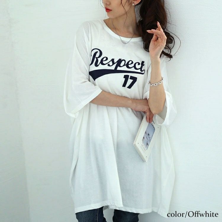 大きいサイズ レディース ロゴプリントドルマンチュニックTシャツ