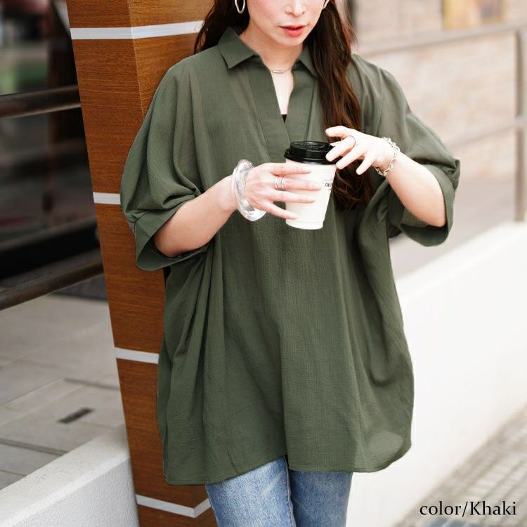 大きいサイズ レディース 楊柳スキッパーチュニック　nw-25022【メール便可】