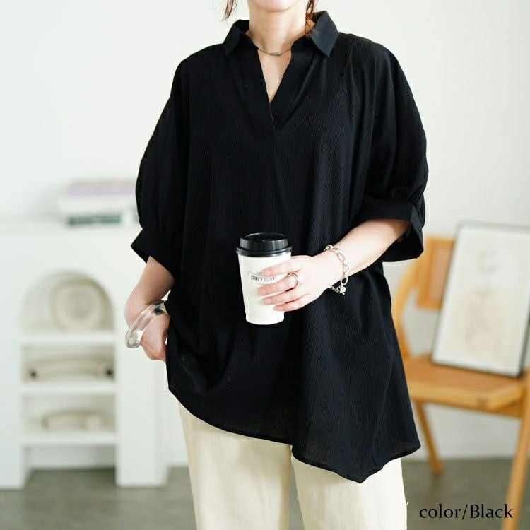 大きいサイズ レディース 楊柳スキッパーチュニック　nw-25022【メール便可】