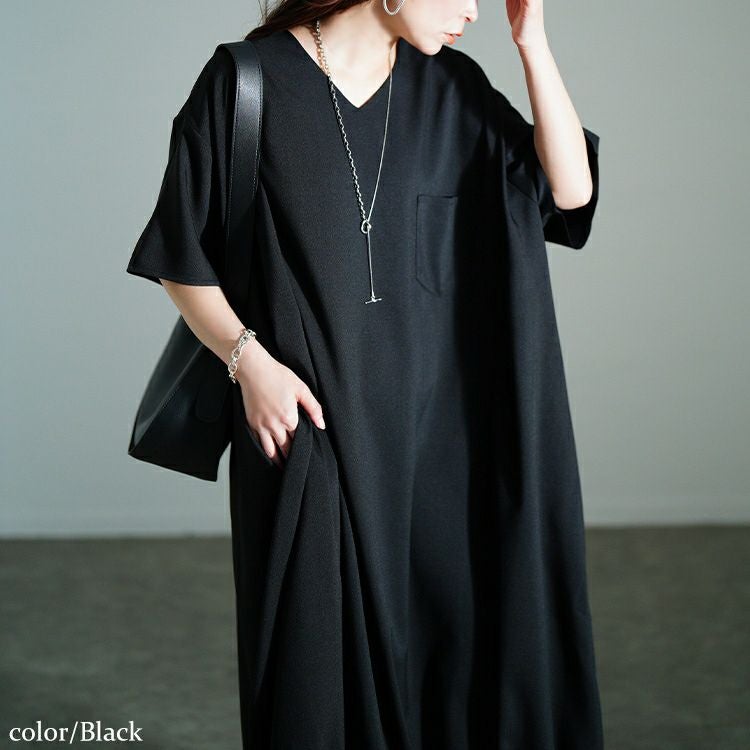 大きいサイズ レディース Vネック胸ポケットバルーンワンピース　nw-25020