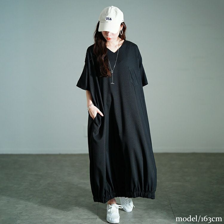 大きいサイズ レディース Vネック胸ポケットバルーンワンピース　nw-25020