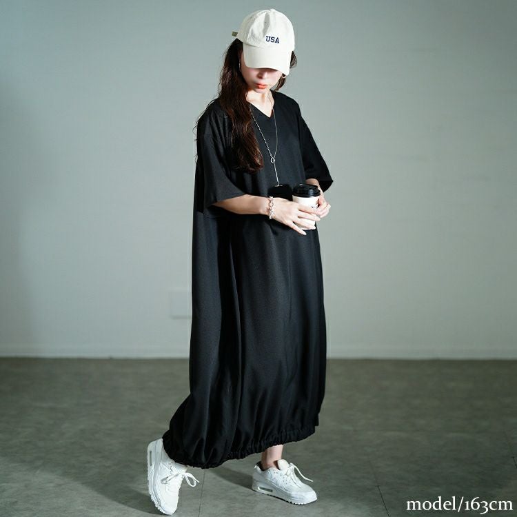 大きいサイズ レディース Vネック胸ポケットバルーンワンピース　nw-25020