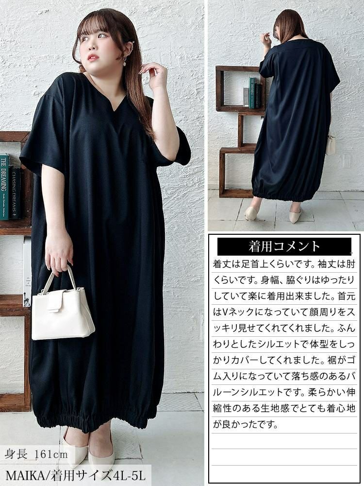 大きいサイズ レディース Vネック胸ポケットバルーンワンピース　nw-25020