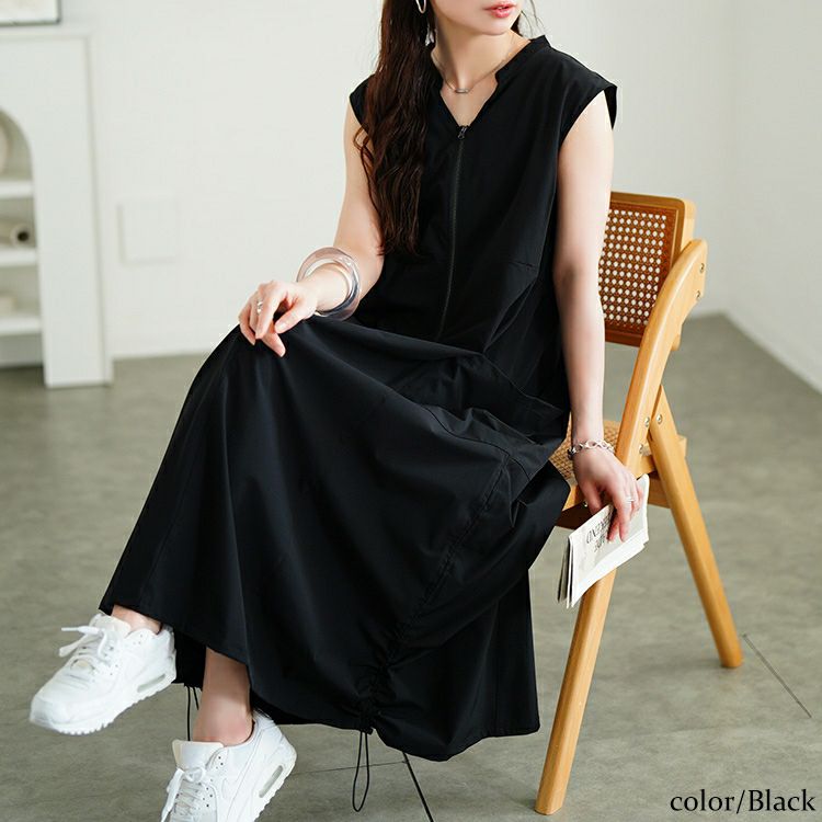 LGB ブラック ノースリーブ レディース1サイズ 大きいサイズ レディース 裾ドロストハーフZIPノースリーブワンピース