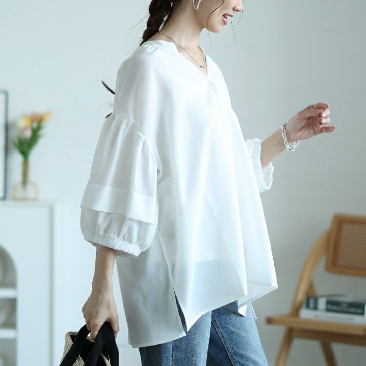 大きいサイズ レディース キーネックランタンスリーブブラウス　nw-25017【メール便可】