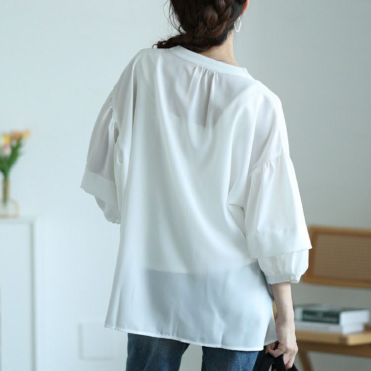 大きいサイズ レディース キーネックランタンスリーブブラウス　nw-25017【メール便可】