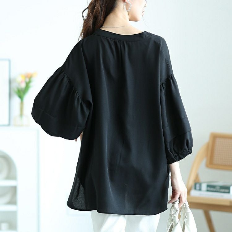 大きいサイズ レディース キーネックランタンスリーブブラウス　nw-25017【メール便可】