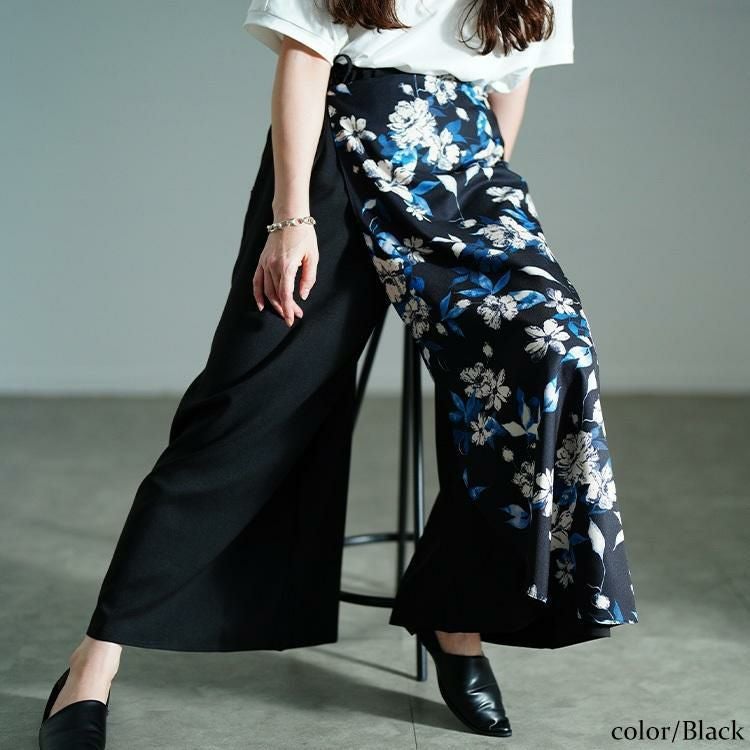 大きいサイズ レディース 花柄ラップワイドパンツ　sw-0751 ブラック
