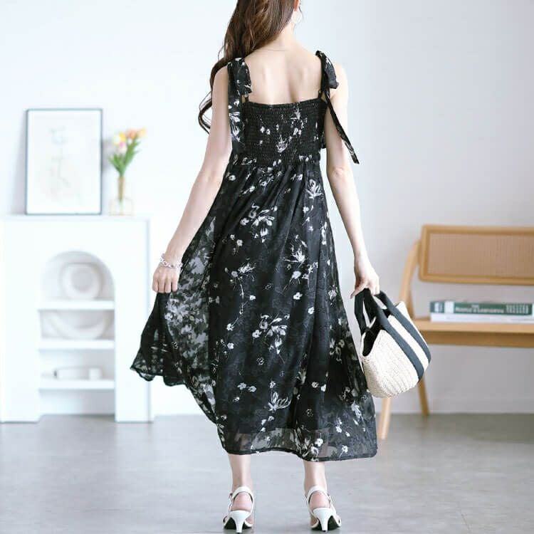 大きいサイズ レディース 花柄シフォン肩リボンキャミワンピース maru