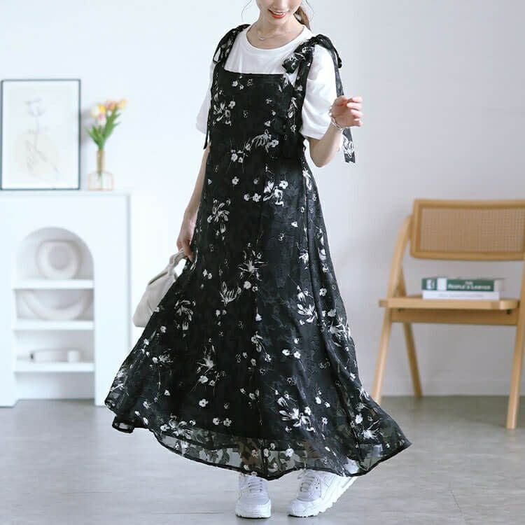 大きいサイズ レディース 花柄シフォン肩リボンキャミワンピース　maru-30151