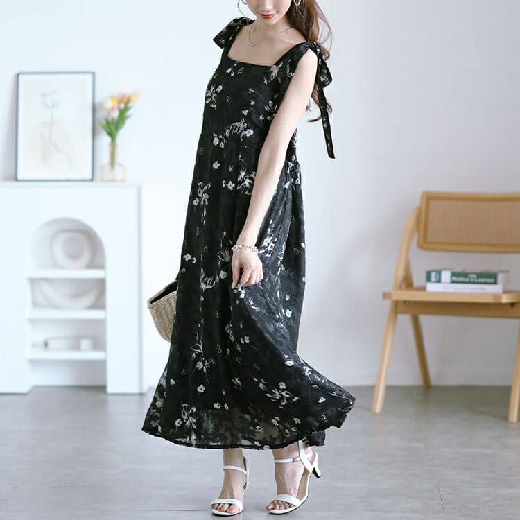 大きいサイズ レディース 花柄シフォン肩リボンキャミワンピース　maru-30151