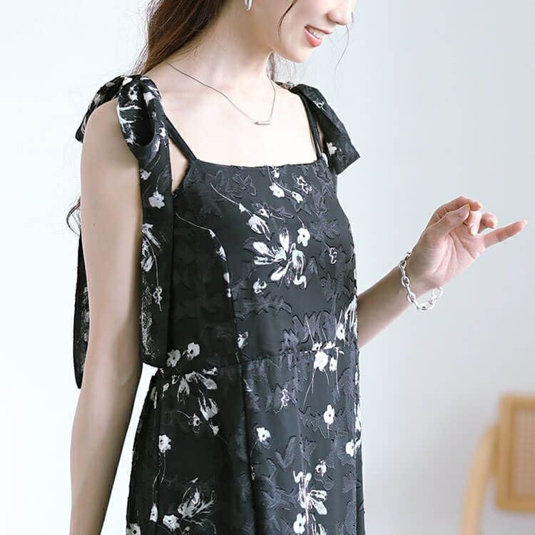 大きいサイズ レディース 花柄シフォン肩リボンキャミワンピース　maru-30151