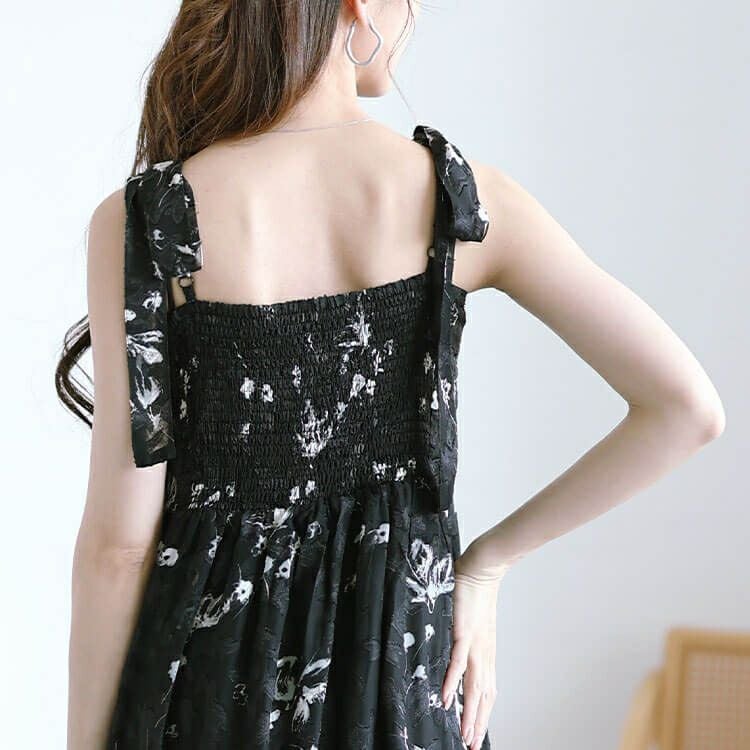 大きいサイズ レディース 花柄シフォン肩リボンキャミワンピース　maru-30151