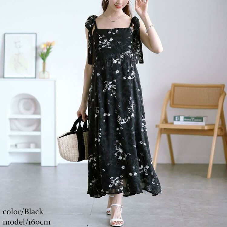 大きいサイズ レディース 花柄シフォン肩リボンキャミワンピース　maru-30151 ブラック