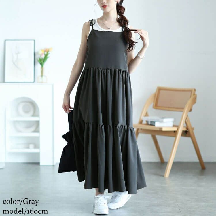大きいサイズ レディース 肩リボンティアードキャミワンピース　maru-30145