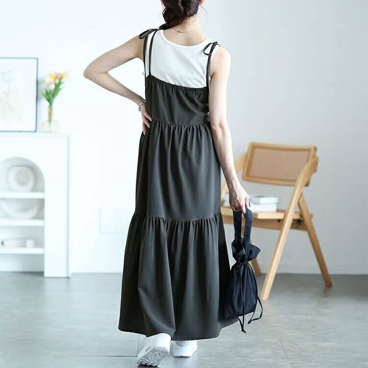 大きいサイズ レディース 肩リボンティアードキャミワンピース　maru-30145