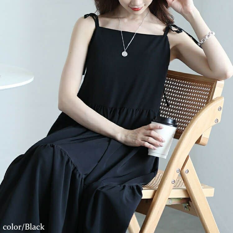 【極美品】45R 鹿の子 馬比古ドレス ワンピース ワイドシルエット ゆったり 大きいサイズ レディース 肩リボンティアードキャミワンピース maru