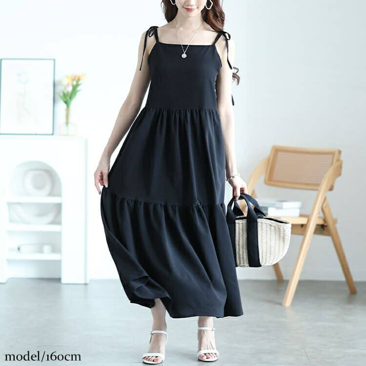 大きいサイズ レディース 肩リボンティアードキャミワンピース　maru-30145
