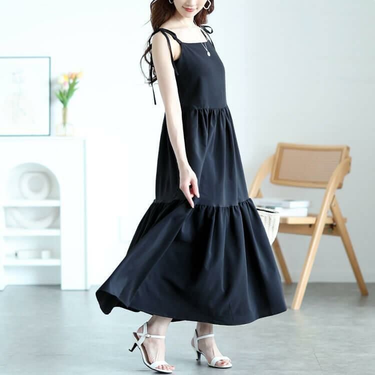 大きいサイズ レディース 肩リボンティアードキャミワンピース　maru-30145 ブラック