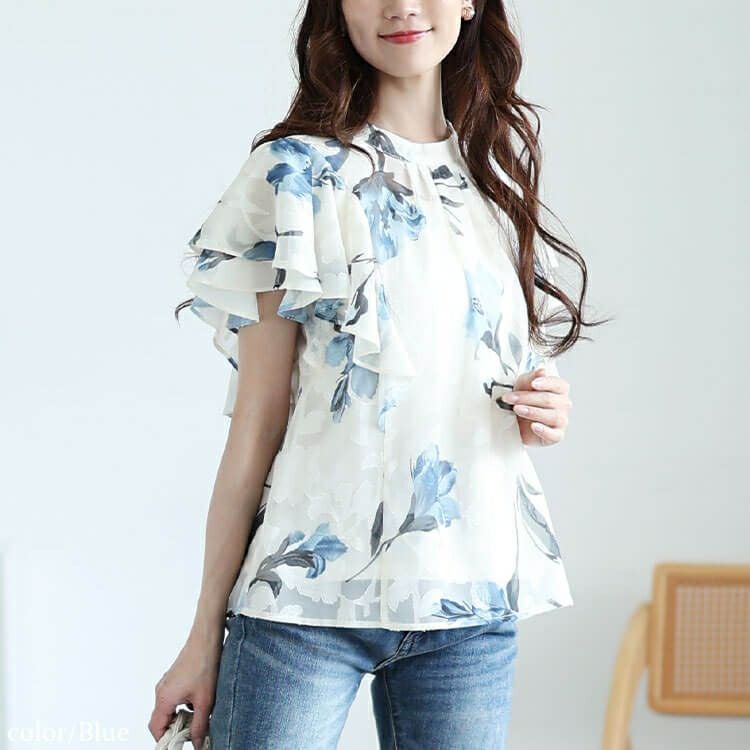 大きいサイズ レディース 花柄ジャガードフリルブラウス　tana-351039【メール便可】