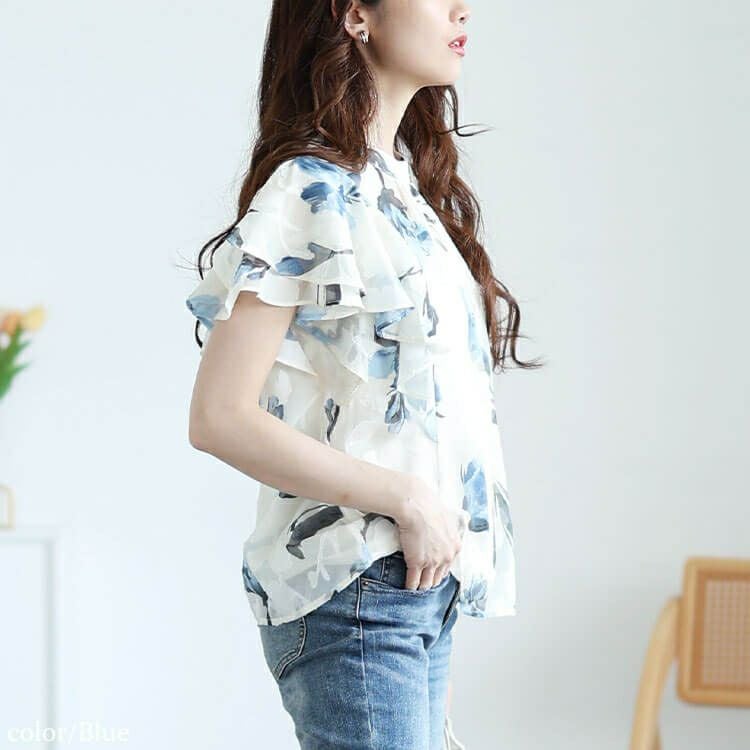 大きいサイズ レディース 花柄ジャガードフリルブラウス　tana-351039【メール便可】